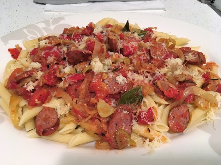 Penne with Spicy Sausage and Vegetables