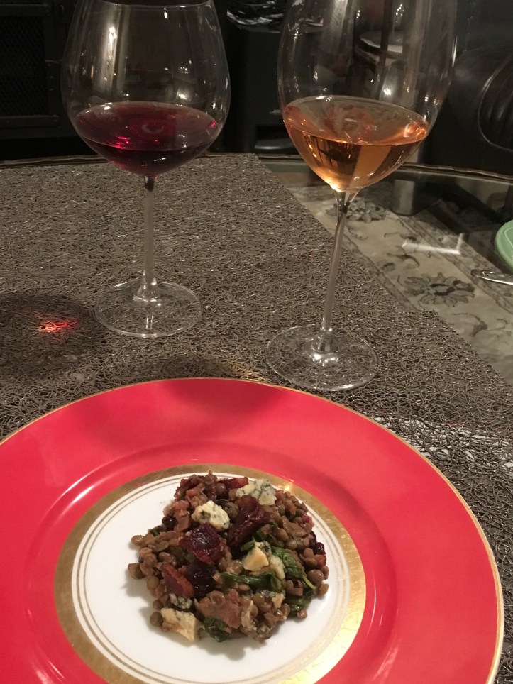 Lentils on Fancy Plate with Two Glasses