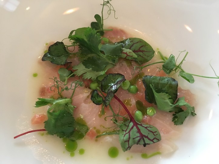 Course 1 Kampachi Crudo w Peas Tomato Cilantro