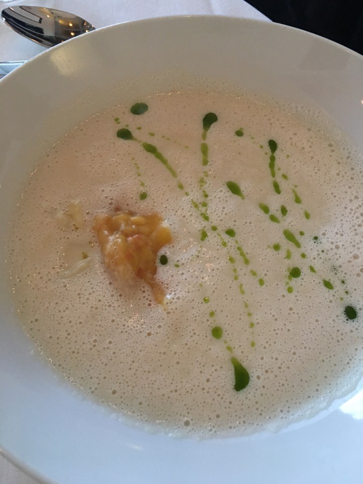 Course 2 White Asparagus Soup w Lobster Ravioli