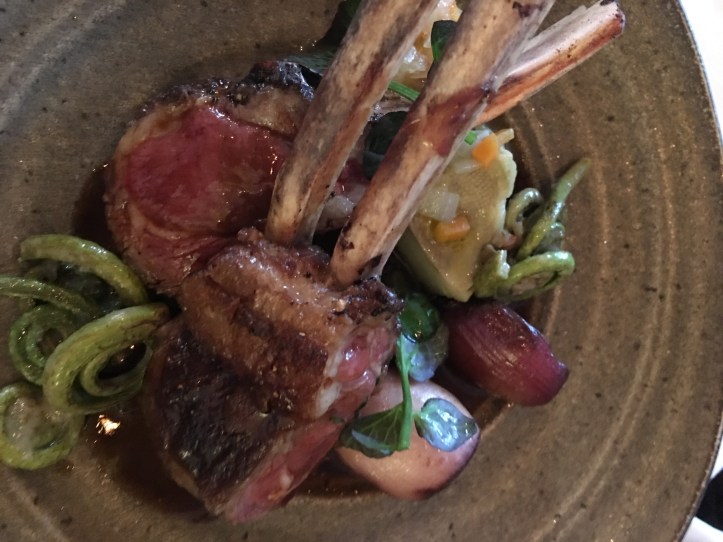 Course 3 Thyme Roasted Lamb Rack w Artichokes Fiddlehead Ferns and Shallots