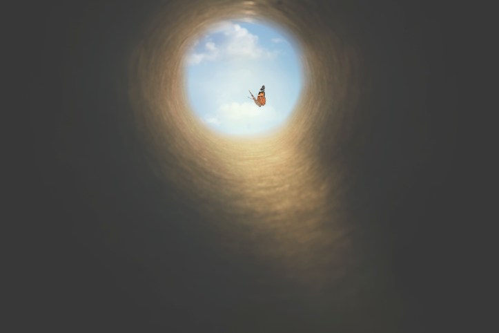 colorful butterfly finds its way out of a dark tunnel, concept of freedom