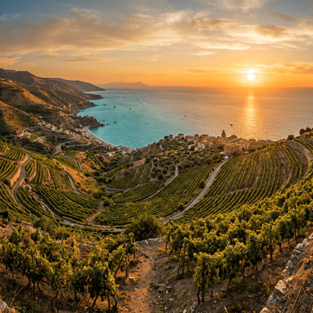 Terraced vineyards on coastal hills overlooking the sea at sunset