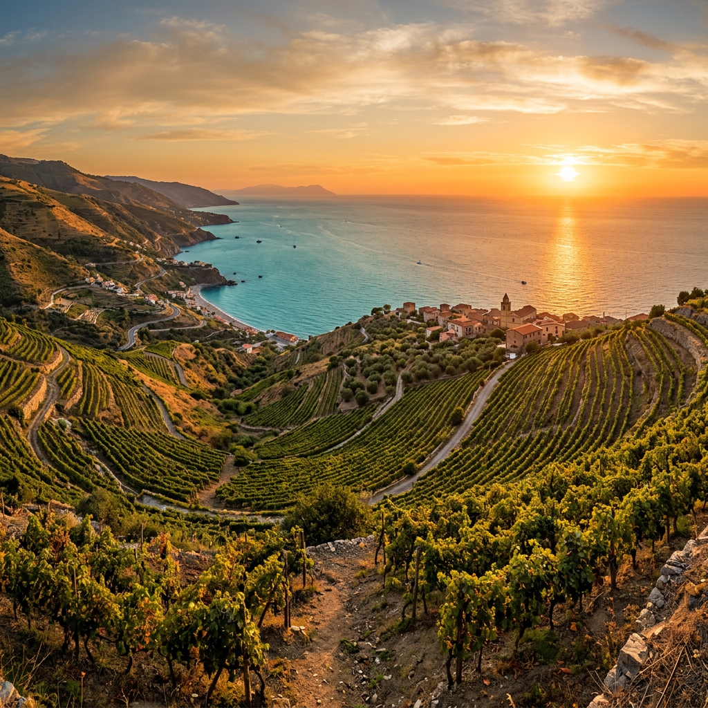 Terraced vineyards on coastal hills overlooking the sea at sunset